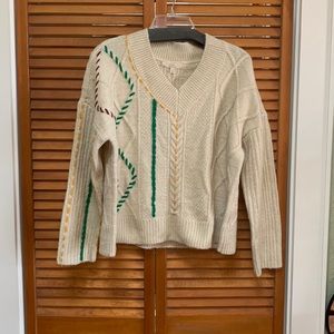 C & V Chelsea & Violet Sweater, NWT, Size M, V-Neck, Oatmeal with Green Yellow